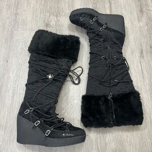 Black AKDMKS faux fur knee high boots